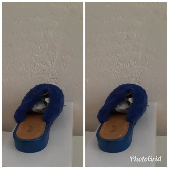 New Fur Slide Sandals Royal Blue Blush Low Wedge Size 7 and 8 - Picture 3 of 5